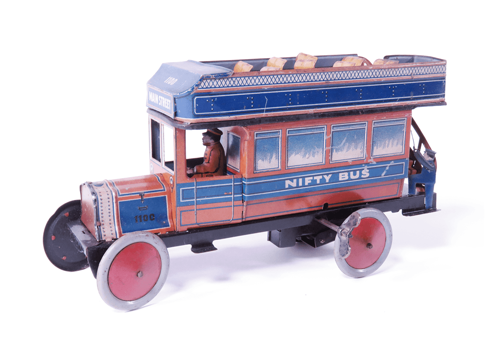 1920S NIFTY BUS KEY-WIND TIN LITHO DOUBLE-DECKER TOY BUS