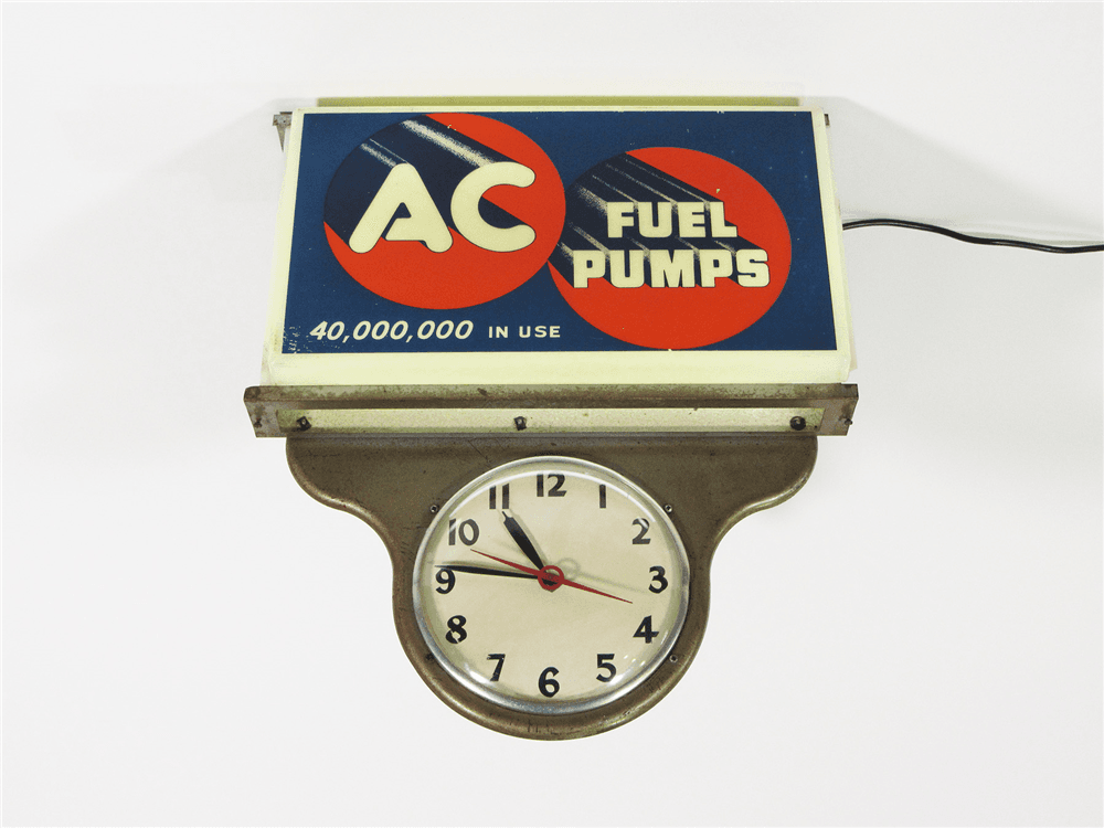 CIRCA 1950S AC OIL FILTERS GARAGE CLOCK WITH LIGHT-UP MARQUEE SIGN