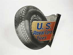 CIRCA EARLY 1930S U.S. ROYAL CORD TIRES TIN LITHO GARAGE FLANGE SIGN