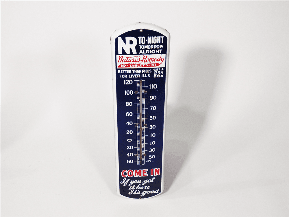 1930S NATURES REMEDY PORCELAIN GENERAL STORE THERMOMETER