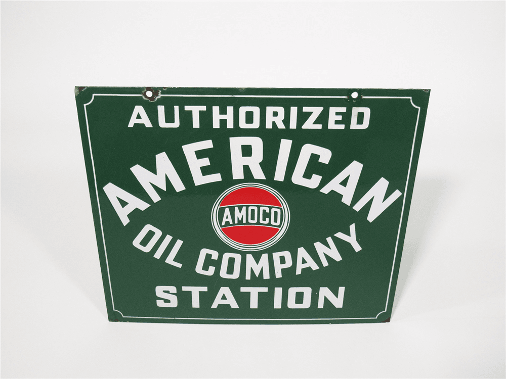 CIRCA EARLY 1930S AUTHORIZED AMERICAN OIL COMPANY STATION PORCELAIN FILLING STATION SIGN