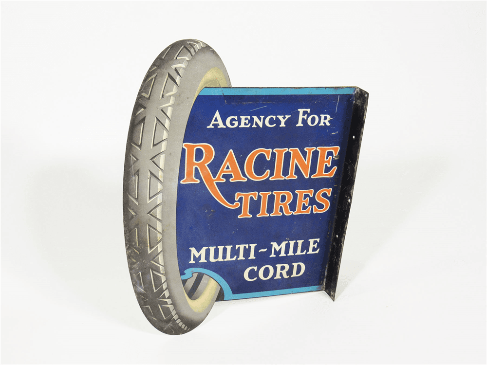 EARLY 1920S RACINE TIRES TIN LITHO GARAGE FLANGE SIGN