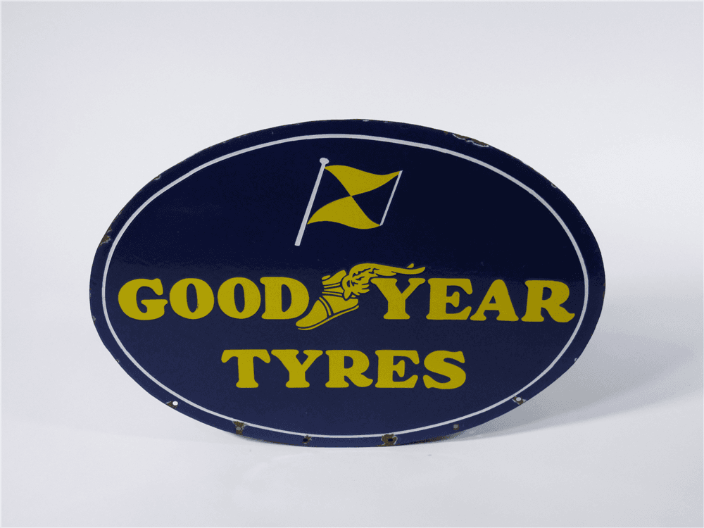 CIRCA 1940S GOODYEAR TYRES PORCELAIN GARAGE CURB SIGN