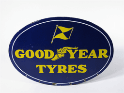 CIRCA 1940S GOODYEAR TYRES PORCELAIN GARAGE CURB SIGN