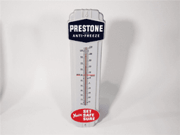 CIRCA LATE 1940S-EARLY 50S PRESTONE ANTI-FREEZE PORCELAIN GARAGE THERMOMETER