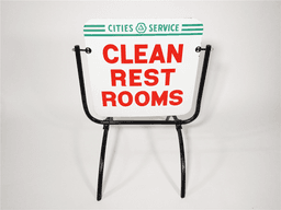 CIRCA 1950S CITIES CLEAN REST ROOMS PORCELAIN SERVICE STATION CURB SIGN