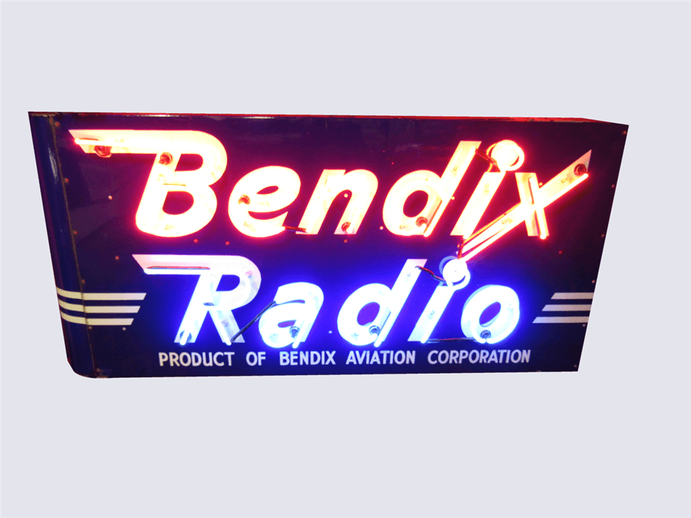 CIRCA 1940S BENDIX AVIATION RADIOS NEON PORCELAIN AIRPORT SERVICE HANGAR SIGN