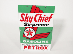 1963 TEXACO SKY CHIEF SUPREME GASOLINE PORCELAIN PUMP-PLATE SIGN