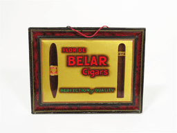 CIRCA 1920S-30S FLOR DE BELAR CIGARS TIN LITHO CIGAR STORE COUNTERTOP SIGN