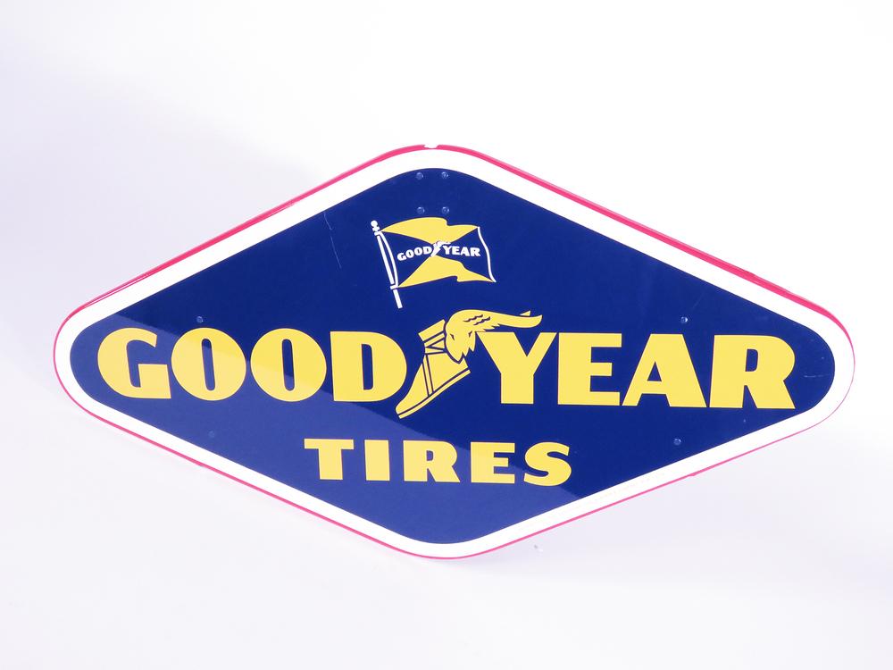 1958 GOODYEAR TIRES TIN METAL TIRE DISPLAY STAND SIGN