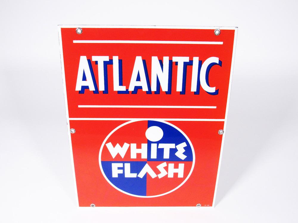 1950 ATLANTIC WHITE FLASH GASOLINE PORCELAIN PUMP PLATE SIGN