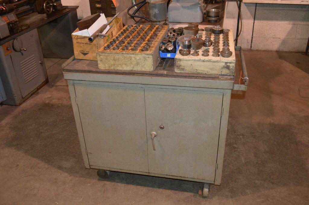 METAL CABINET ON CASTERS, WOODEN TOP- INCLUDES