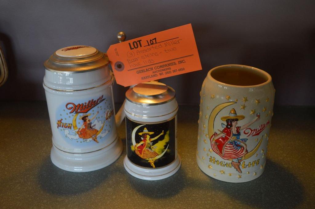 (3) ASSORTED MILLER BEER "GIRL ON THE MOON" STEINS, TWO HAVE LIDS