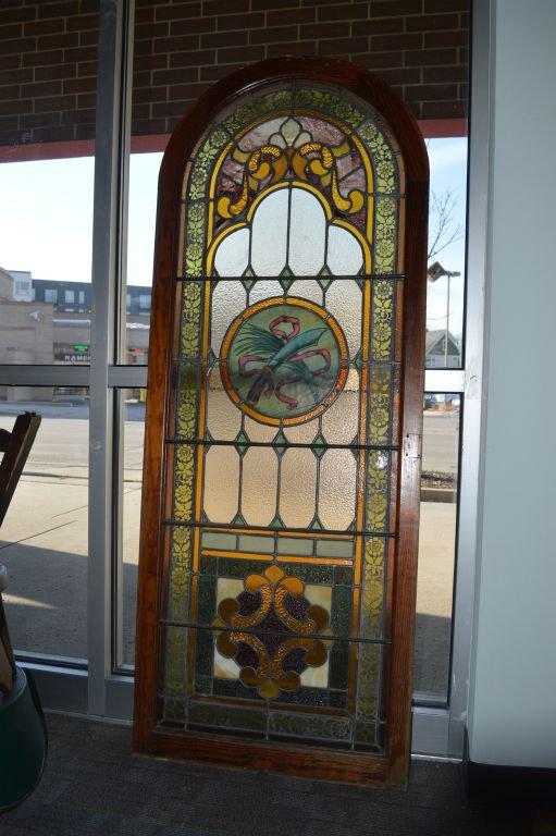 ARCHED STAINED GLASS WINDOW, 26 1/2"W X 69 1/4"H