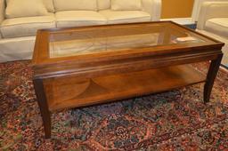 DARK WOOD COFFEE TABLE WITH GLASS TOP, 4' x 25"