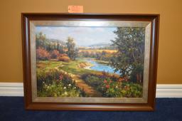 FRAMED SCENERY PICTURE, DARK WOOD PICTURE FRAME,