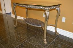 ORNATE GILT LIBRARY TABLE WITH GLASS TOP,