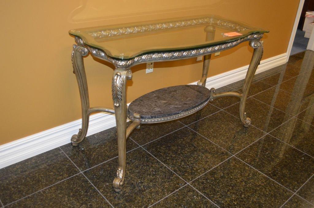 ORNATE GILT LIBRARY TABLE WITH GLASS TOP,