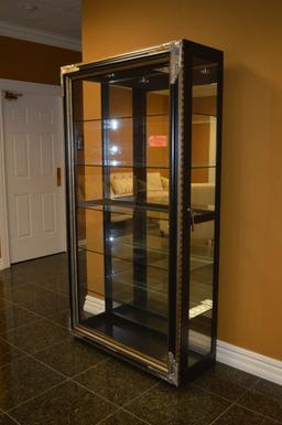 ORNATE BLACK AND GOLD CABINET, GLASS SIDES, DOOR AND