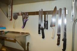 PORTION SCALE AND MISC. ON SHELF AND KNIVES ON