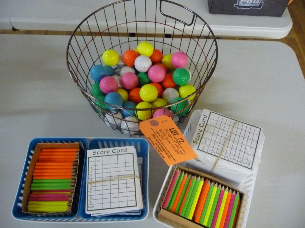 BASKET OF MINI GOLF BALLS, SCORE CARDS,