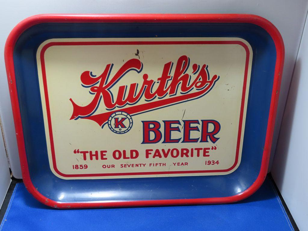 KURTH'S BEER 75TH YEAR RECTANGULAR BEER TRAY,