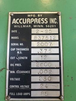 1995 ACCURPRESS 12' HYDRAULIC SHEAR, MODEL 837512,