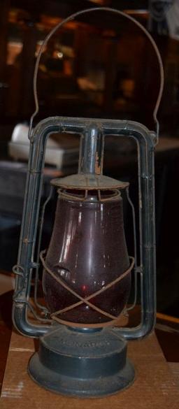 (2) VINTAGE MONARCH KEROSENE LAMPS, RED GLOBES,