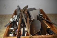 DIVIDED WOODEN BOX WITH ASSORTED UTENSILS; SCOOPS,