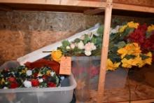 (2) BINS WITH ARTIFICIAL FLOWERS AND WREATH,
