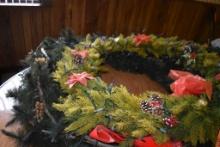 CONTENTS ON AND UNDER TABLE; CHRISTMAS DECORATIONS,