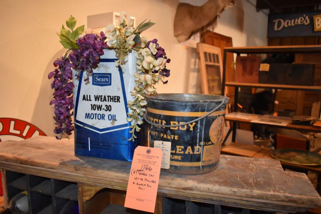 (2) CANS - SEARS CAN WITH SILK FLOWERS AND DUTCH BOY PAIL
