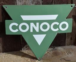 GREEN CONOCO TRIANGULAR SIGN, PORCELAIN PUMP PLATE,