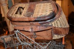 WIRE MESH BASKET AND (2) WICKER FISHING CREEL BASKETS