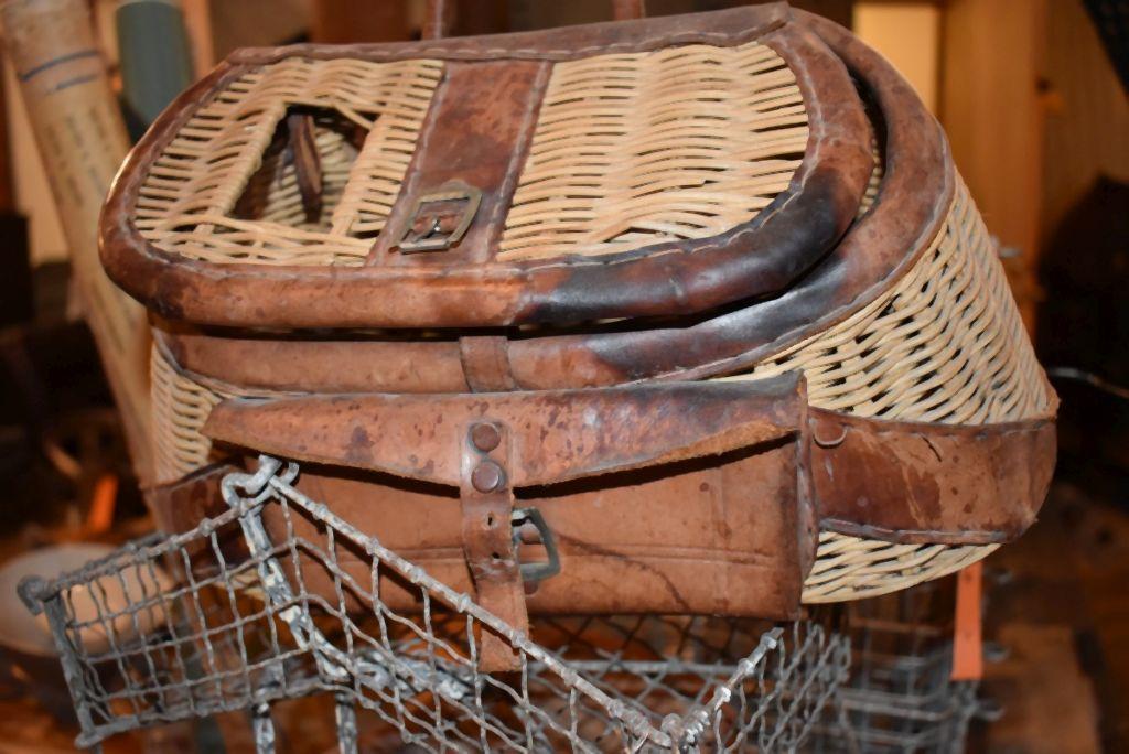 WIRE MESH BASKET AND (2) WICKER FISHING CREEL BASKETS