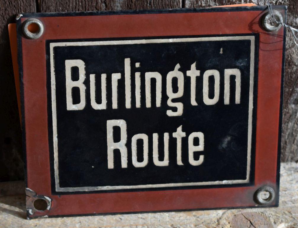 BURLINGTON ROUTE PORCELAIN TRAIN SIGN, 6 1/2" X 5 1/2"