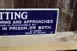 SPITTING ON STATIONS, ETC. PORCELAIN SIGN, 18" x 5"