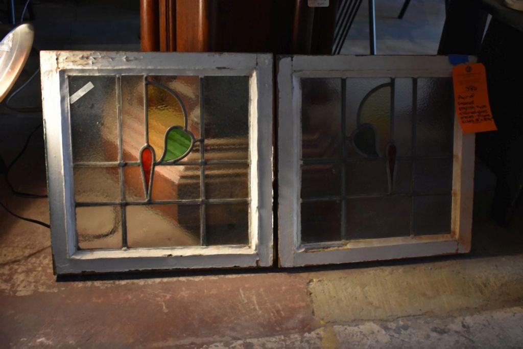 PAIR OF FRAMED ENGLISH TYPE STAINED GLASS PIECES -