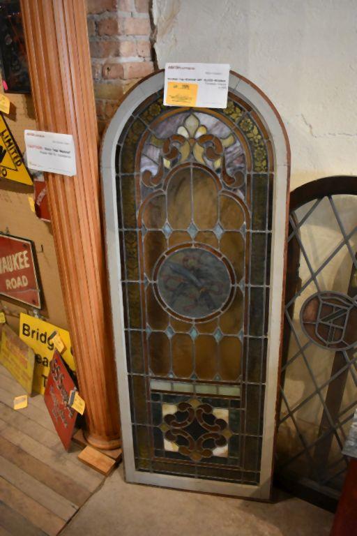 ARCHED TOP STAINED ART GLASS WINDOW, 69" x 26 1/2"