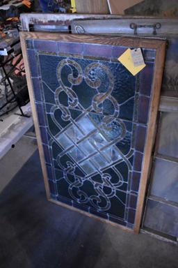 ORNATE STAINED GLASS TRANSOM WINDOW, 29" x 49 1/2"