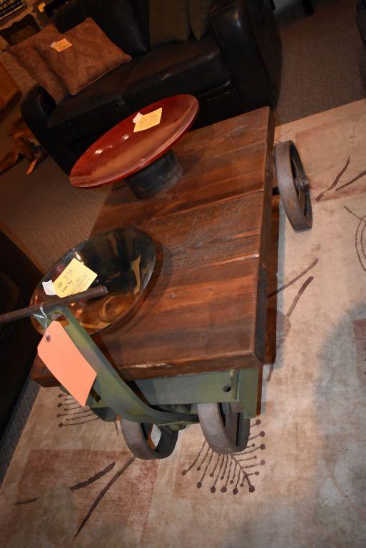 METAL INDUSTRIAL TABLE WITH WOOD TOP, 23" x 38" x 17"H