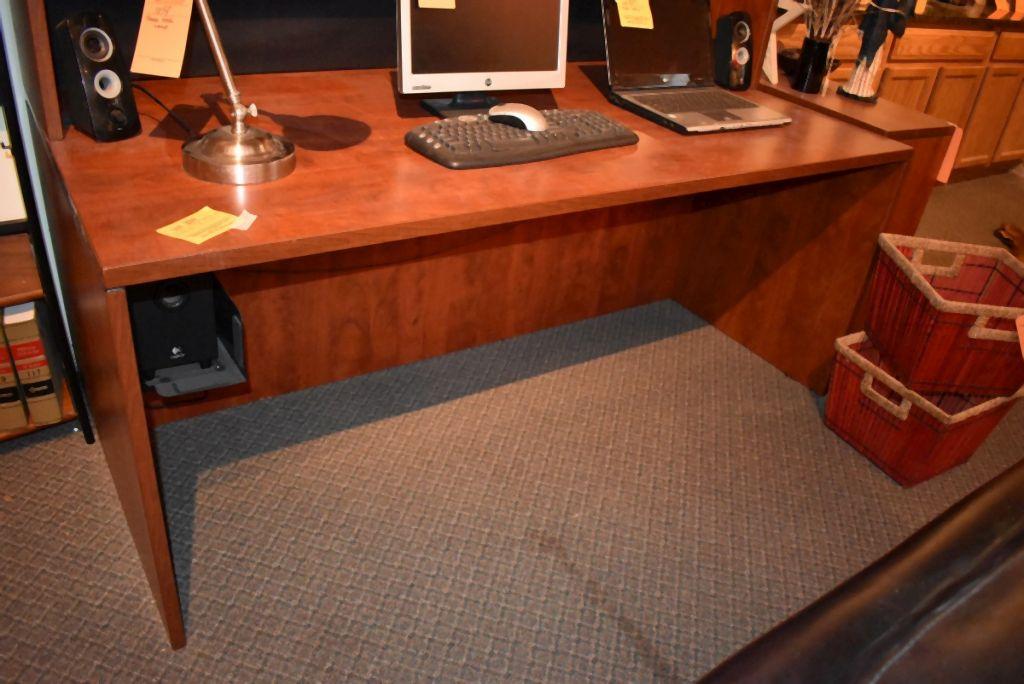 CHERRY WOOD DESK AND UPPER HUTCH; DESK IS 35" x 71" x 29"H