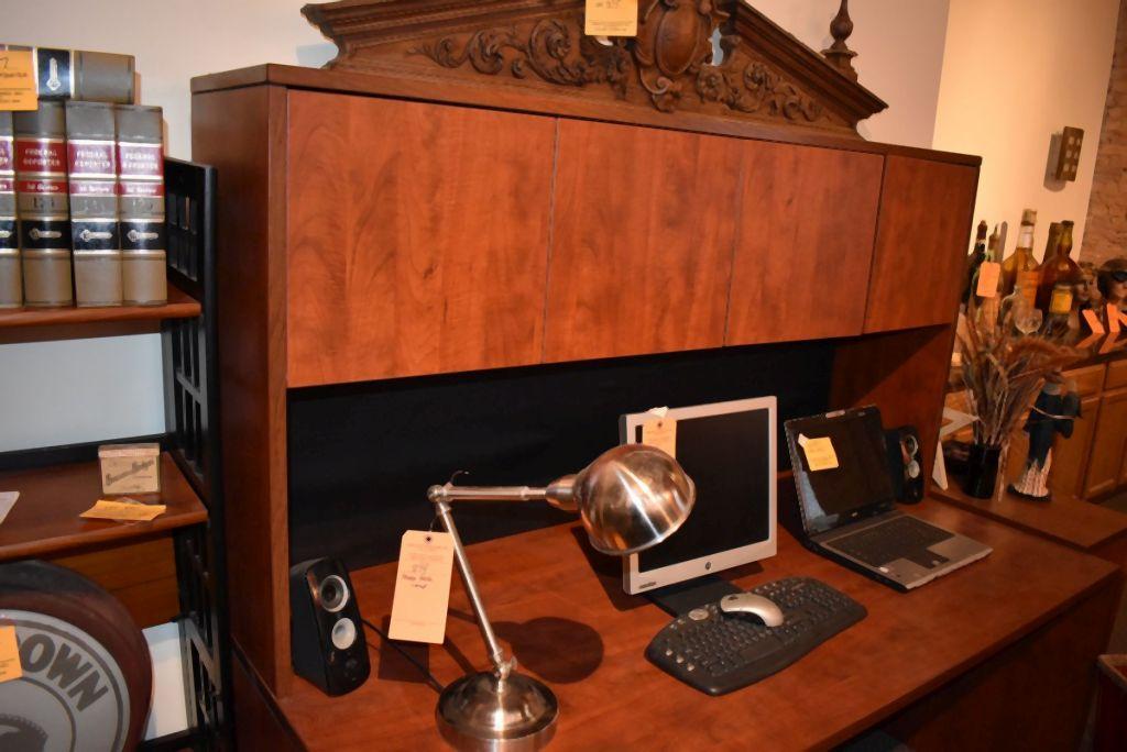 CHERRY WOOD DESK AND UPPER HUTCH; DESK IS 35" x 71" x 29"H