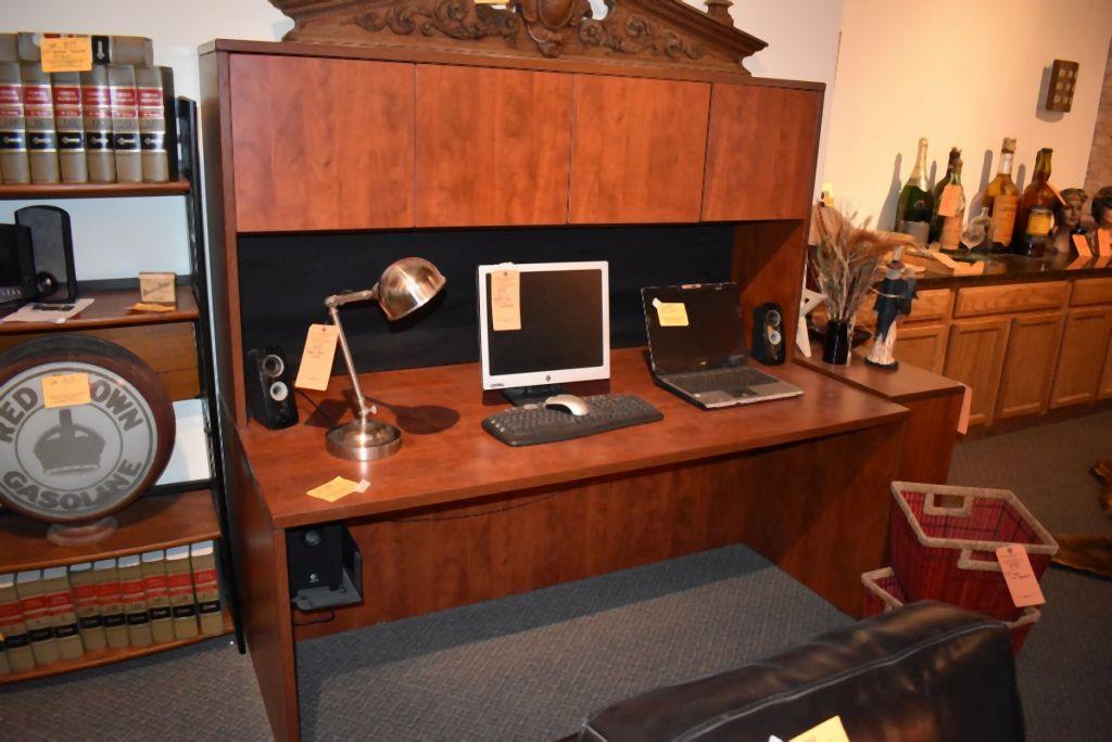 CHERRY WOOD DESK AND UPPER HUTCH; DESK IS 35" x 71" x 29"H