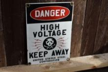 DANGER HIGH VOLTAGE PORCELAIN SIGN, 10"W x 14"H