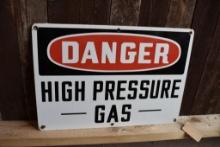 DANGER HIGH PRESSURE GAS METAL AND PORCELAIN SIGN,