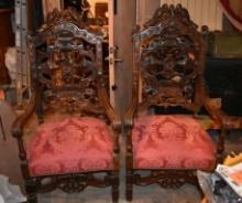 PAIR OF HEAVY CARVED WOOD ANTIQUE CHAIRS, LOUIS XIV STYLE