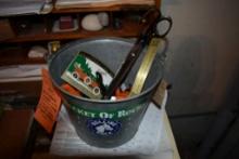 ROLLING ROCK BUCKET WITH ASHTRAY, LARGE SCISSORS,