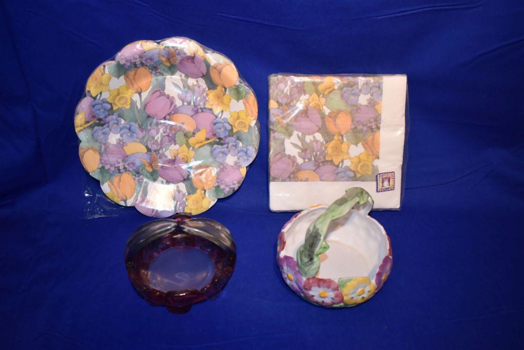 CRANBERRY/VIOLET CANDY DISH, PANSY CANDY DISH,