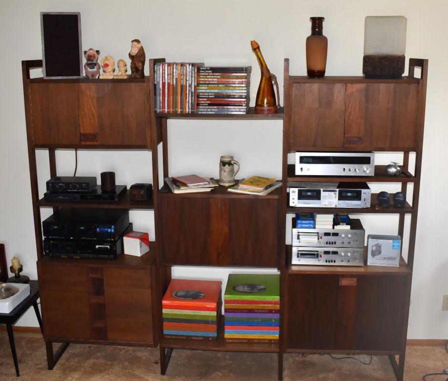 VINTAGE MCM TEAK WALL UNIT, (3) 2 DOOR CABINETS,